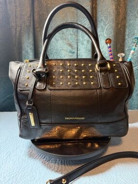 Tignanello Black Leather Studded Satchel with Crossbody Strap 12 x 10